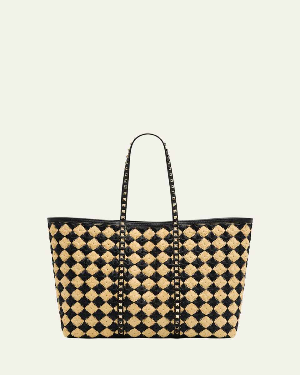 Rockstud Embroidered Raffia Shopping Tote Bag